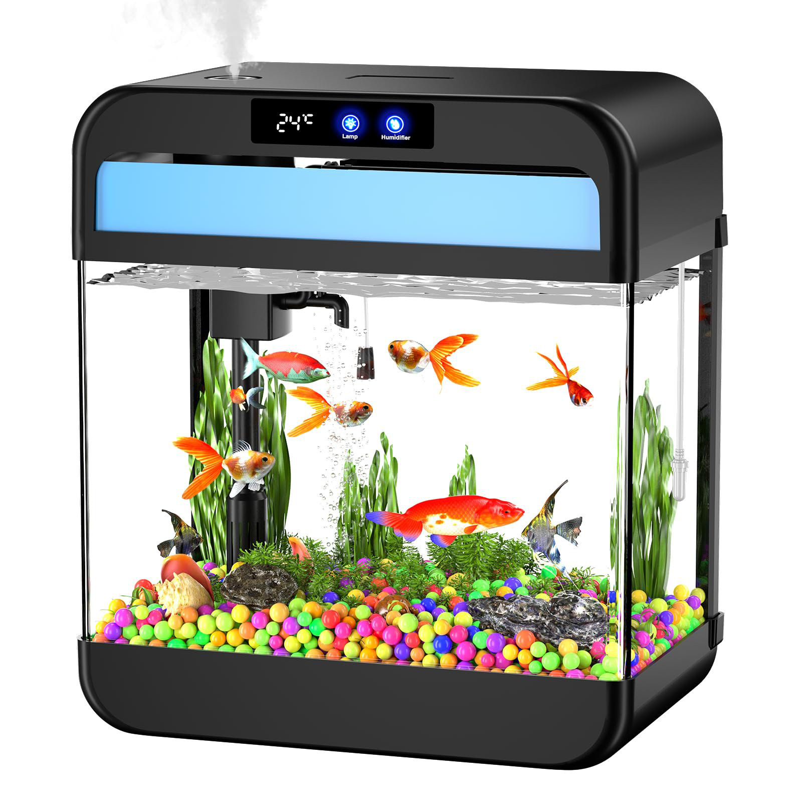 Archie Oscar Fish Tank Aquarium 2.2 Gallon With Humidifier 7 Color Looping Light With Timer Self Cleaning 3 In 1 Water Pump With Filteration Oxygenation Circulation Temperature Display HD Heat